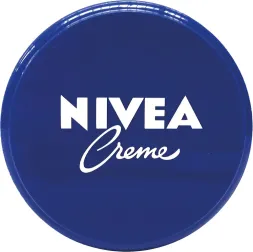 Niebieskie opakowanie kremu do rąk NIVEA Creme, okrągłe, z białym napisem na wierzchu.