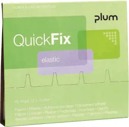 Opakowanie plastrów QuickFix marki Plum. Są to plastry elastyczne, w opakowaniu znajduje się 45 sztuk o wymiarach 72 x 25 mm.