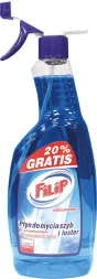 Na zdjęciu widoczny jest niebieski, przezroczysty płyn do mycia szyb marki Filip w plastikowej butelce z pompką. Opakowanie zawiera informację o dodatkowych 20% produktu gratis.