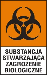 Znak bezpieczeństwa na pomarańczowym tle z czarnym symbolem biohazardu i tekstem: 