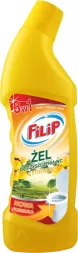 Żółta butelka żelu do WC marki Flip, o pojemności 750 ml. Produkt 3 w 1, przeznaczony do czyszczenia, dezynfekcji i odświeżania. Na etykiecie widnieje obrazek toalety i cytryn.
