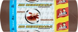 Rolka brązowych worków na śmieci do segregacji odpadów organicznych, opakowanie zawiera 10 sztuk, pojedynczy worek ma pojemność 35 litrów. Na opakowaniu napis 