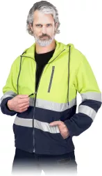 Bluza odblaskowa POLSTRIP-HD męska, żółta z granatowymi elementami, polarowa z kapturem, zapinana na suwak, z odblaskowymi pasami na rękawach i tułowiu oraz kieszenią na piersi.