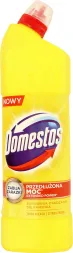 Butelka płynu do WC marki Domestos, kolor żółty. Posiada czerwoną nakrętkę i etykietę z napisem 