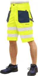 Krótkie spodnie ochronne w kolorze żółtym z elementami odblaskowymi. Posiadają wielofunkcyjne kieszenie, w tym jedną na lewej nogawce. Zapinane na guzik i zamek.