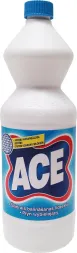 Plastikowa butelka wybielacza ACE z białą etykietą, na której widnieje logo ACE w kolorze czerwono-niebieskim. Product przeznaczony do użytku domowego.