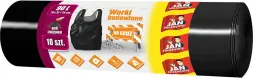Czarne worki na gruz z uchwytami, opakowanie 10 sztuk. Na opakowaniu informacja o bardzo mocnym materiale i odporności na przecieranie.
