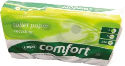 Papier toaletowy Clou Comfort, opakowanie zawiera 8 rolek, oznaczone jako produkt z recyklingu. Opakowanie w kolorach biało-zielonych z napisem 