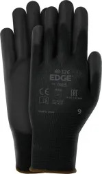 Rękawice ochronne EDGE 48-126 są czarne, wykonane z materiału przypominającego neopren lub gumę. Posiadają oznaczenia CE i rozmiar 9.