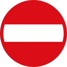 Znak zakazu wjazdu: czerwony okrąg z białym poziomym pasem na środku.