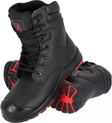 Męskie buty robocze THORN, wysokie trzewiki z podnoskiem, klasy S1PS. Wykonane ze skóry, z solidną podeszwą antypoślizgową i zabezpieczeniem palców. Czarne z czerwonymi akcentami na podeszwie.
