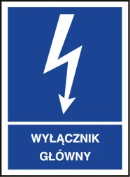 Znak bezpieczeństwa przedstawia białą ikonę błyskawicy na niebieskim tle, z białym napisem 