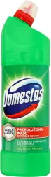 Płyn do WC marki Domestos w zielonej butelce z zakrzywioną końcówką, przeznaczony do usuwania brudu i bakterii.