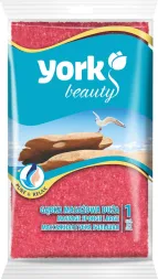 Opakowanie gąbki kąpielowej marki York Beauty z naturalną łuffą i mikrofibrami, przeznaczonej do głębokiego oczyszczania i złuszczania skóry.
