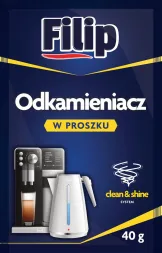 Odkamieniacz marki Filip w proszku, pakowany w saszetkę o wadze 40 g. Na opakowaniu grafika prezentuje zastosowanie produktu do czyszczenia ekspresu do kawy i czajnika. Produkt pomaga zachować 