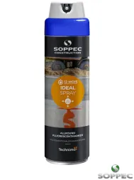 Puszka farby do znakowania SOPPEC, fluorescencyjna, aluminiowo-szaro-niebieska, z napisami w języku angielskim. Farba wielokierunkowa, 360 stopni.
