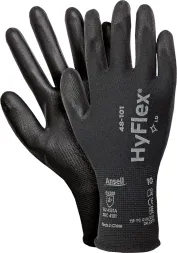Rękawice ochronne Hyflex® 48-101, czarne, wykonane z materiału przypominającego tkaninę. Na nadgarstku widoczne oznaczenia modelu oraz rozmiaru (8/M).