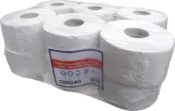 Pakiet sześciu białych rolek papieru toaletowego Jumbo Neutral zapakowanych w przezroczystą folię z niebiesko-czerwoną etykietą zawierającą kod kreskowy i informacje o produkcie.