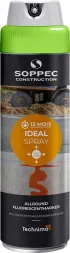 Puszka fluorescencyjnej farby do znakowania SOPPEC CONSTRUCTION, 12 MOIS IDÉAL SPRAY, kolor srebrno-pomarańczowy z zielonym wieczkiem, przeznaczona do użytku wielokierunkowego (360 stopni).