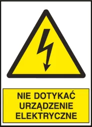 Znak ostrzegawczy w kształcie trójkąta z żółtym tłem i czarną obwódką, zawierający ikonę błyskawicy. Pod spodem znajduje się żółty prostokąt z napisem 