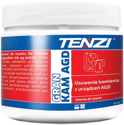 Opakowanie białego odkamieniacza w granulkach, marki Tenzi. Przeznaczony do usuwania kamienia z urządzeń AGD. Na etykiecie znajduje się logo firmy oraz symbol ekspresu do kawy. Produkt gotowy do użycia.
