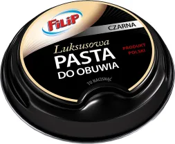 Czarna luksusowa pasta do obuwia marki Flip, produkt polski, znajduje się w czarnym okrągłym opakowaniu.
