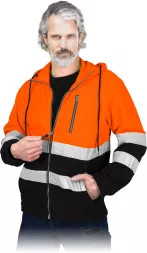 Pomarańczowa bluza odblaskowa POLSTRIP-HD z kapturem, wykonana z polaru, z czarnymi i srebrnymi pasami odblaskowymi. Zapinana na zamek, z kieszenią na piersi i dwoma przednimi. Męska, ochronna.