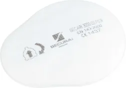 Biały, owalny filtr powietrza marki SECAIR, model 3000. Na filtrze widoczne oznaczenia: numer modelu S-303-2018-09 oraz normy EN 143/2000 i CE 1437.