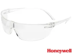 Przezroczyste okulary ochronne Honeywell, model SVP 200, z przezroczystymi, elastycznymi zausznikami.