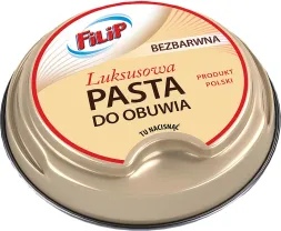 Bezbarwna, luksusowa pasta do obuwia marki Filip. Produkt polski. Owalne opakowanie z czerwono-białą etykietą.