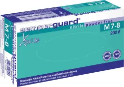 Opakowanie zawiera 200 sztuk jednorazowych rękawic nitrylowych Semperguard Xtra Lite, bezpudrowych, rozmiar M. Rękawice są niebieskie, odpowiednie do ochrony i sanitacji.