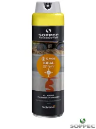 Puszka żółtej fluorescencyjnej farby do znakowania marki Soppec. Produkt przeznaczony jest do użycia wielokierunkowego (360 stopni). Ideal Spray, Allround.