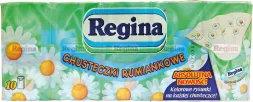 Opakowanie chusteczek higienicznych marki Regina, zawierających 70 sztuk. Są to chusteczki rumiankowe z ekstraktem z kwiatów rumianku, które mają działanie kojące. Opakowanie jest kolorowe, z motywem kwiatowym.