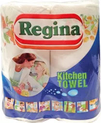 Opakowanie zawiera 2 rolki papierowych ręczników kuchennych marki Regina, z wzorami i kolorami na białym tle. Na opakowaniu znajduje się logo marki oraz zdjęcia ilustrujące zastosowania ręczników.
